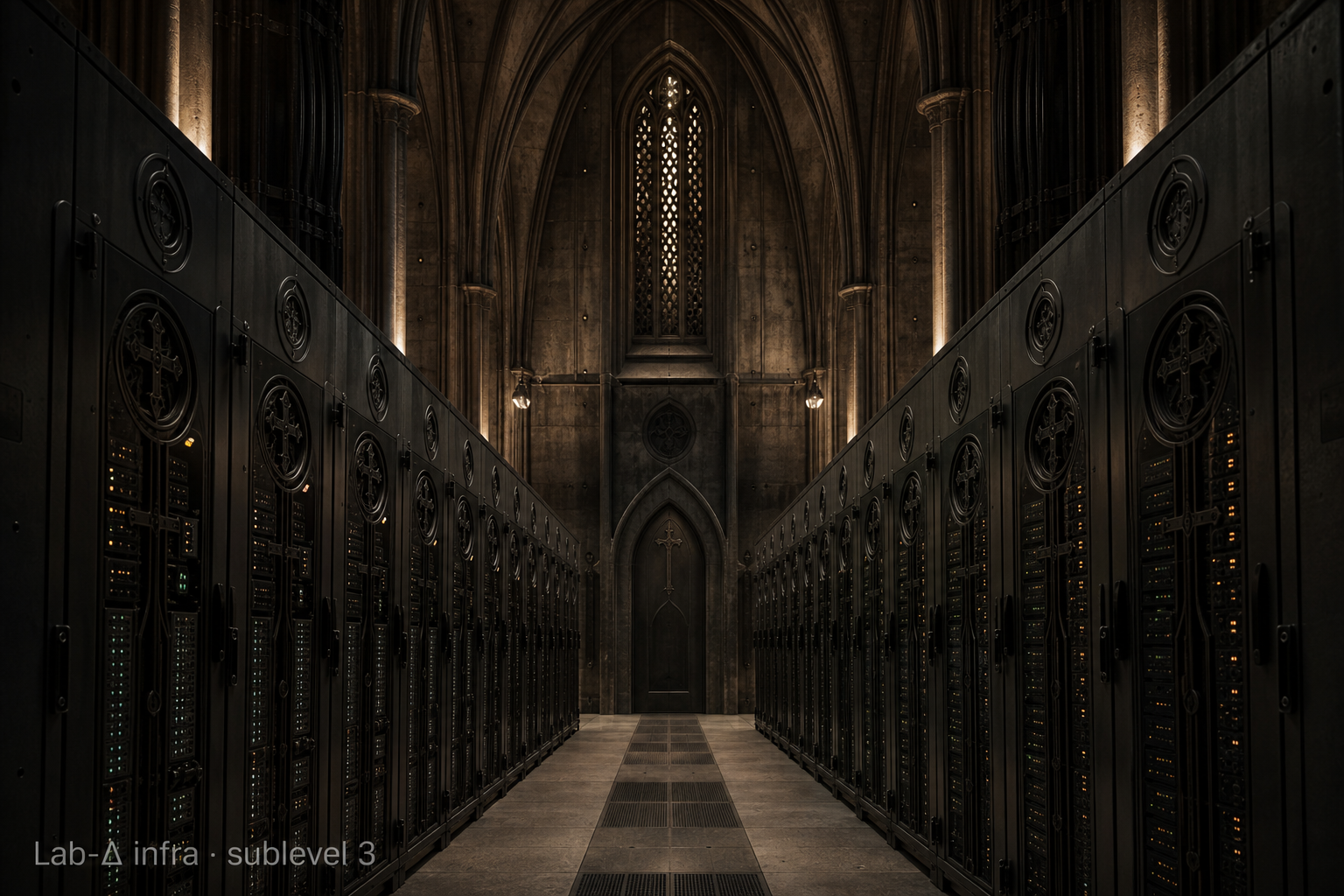 Lab-Δ interior · sublevel 3 — server racks arranged like cathedral pews under Gothic arches