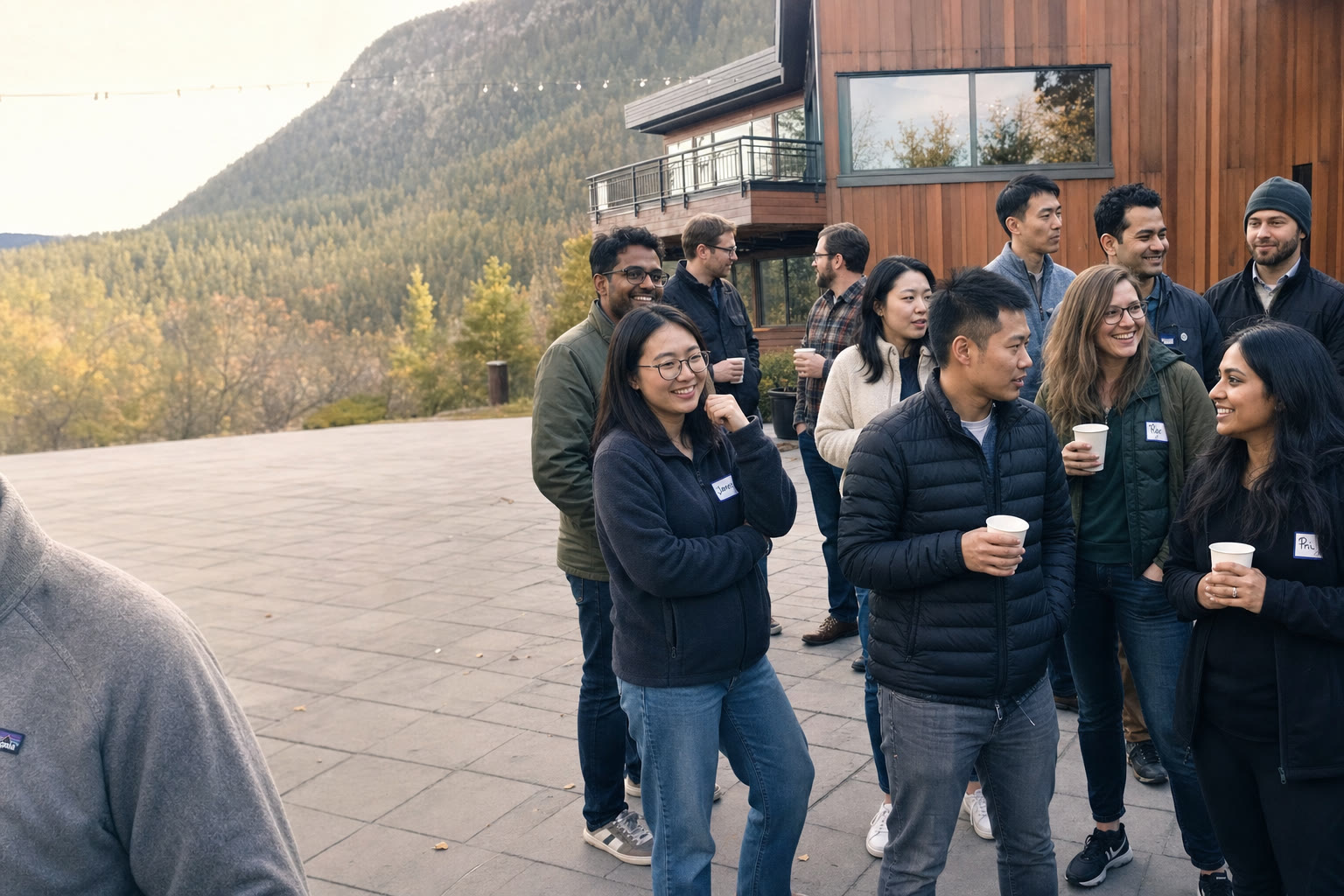 Lab-Δ team Q4 2025 retreat — confidential. Front row, left to right: Wang Qihang, Lin Lan, [REDACTED], Ethan Knight.