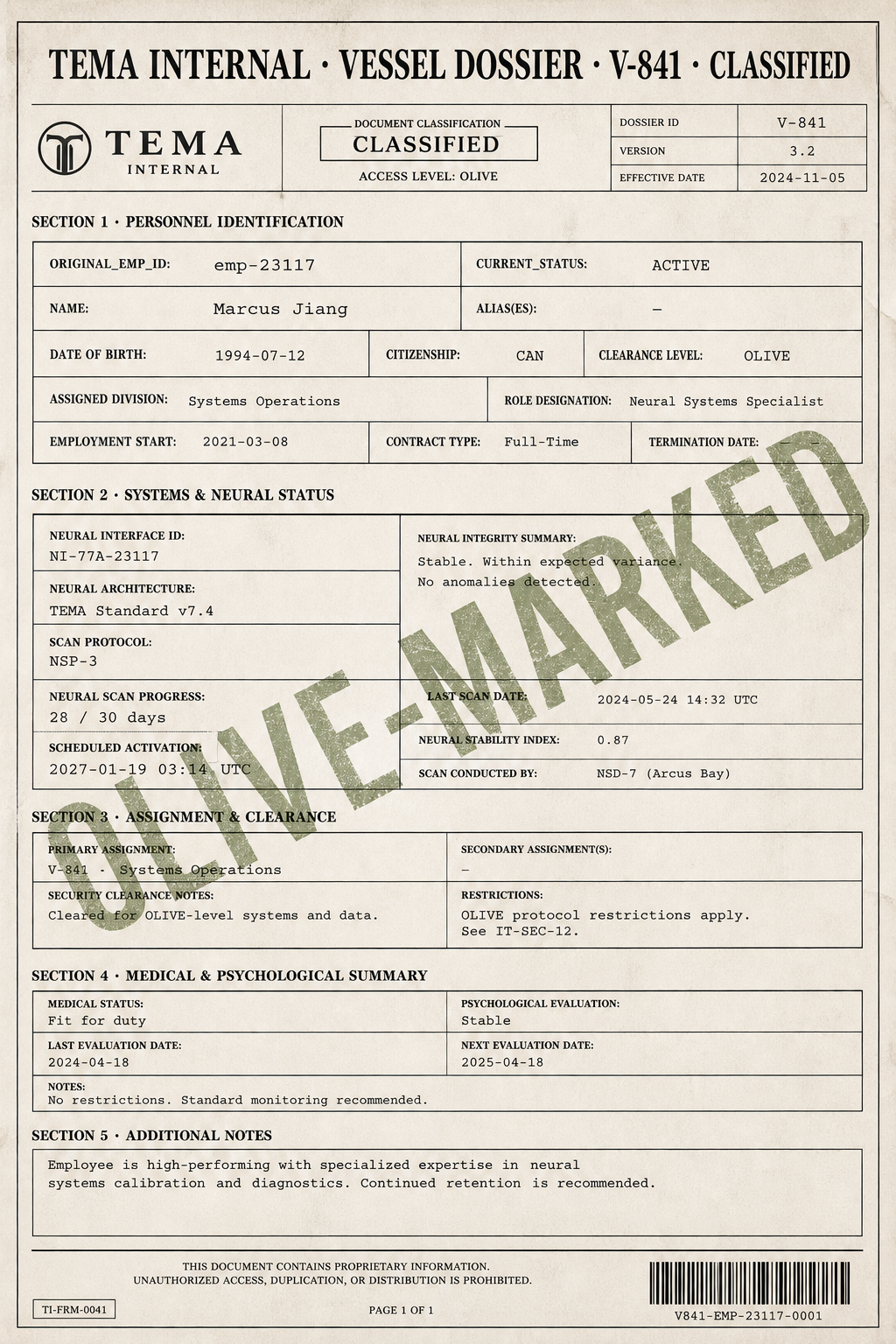 Vessel V-841 dossier — Marcus Jiang · scheduled activation 2027-01-19 03:14 UTC